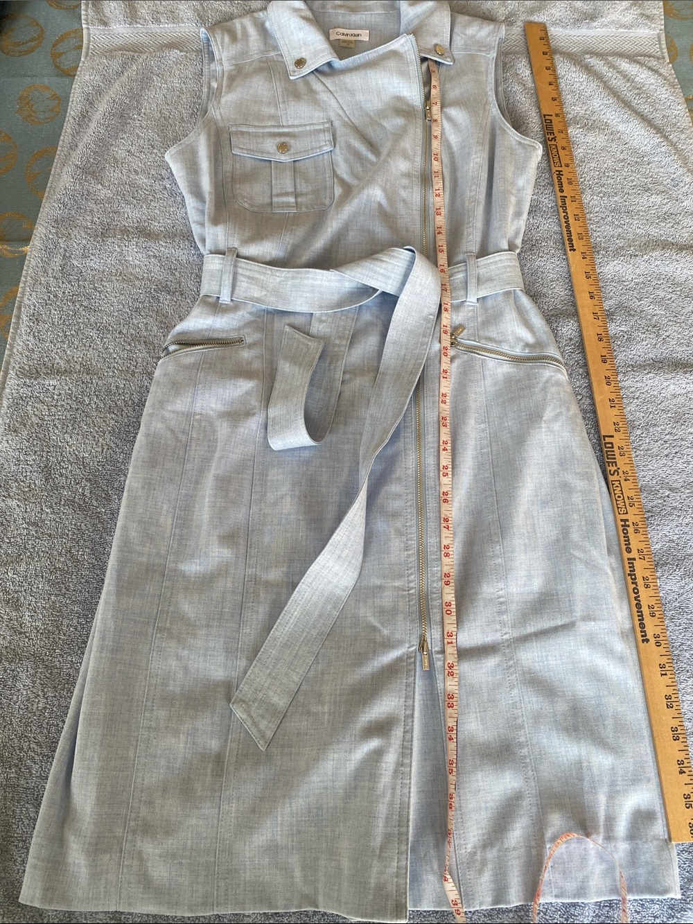 Light Blue Calvin Klein Dress with Zipper Front and Belt Tie